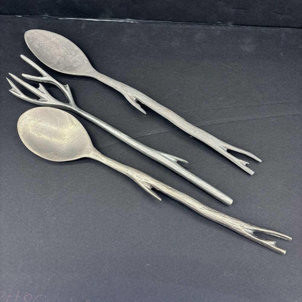 Vintage Aluminum Grey Tree Branch Twigs Serving Set Salad Mixing Spoons